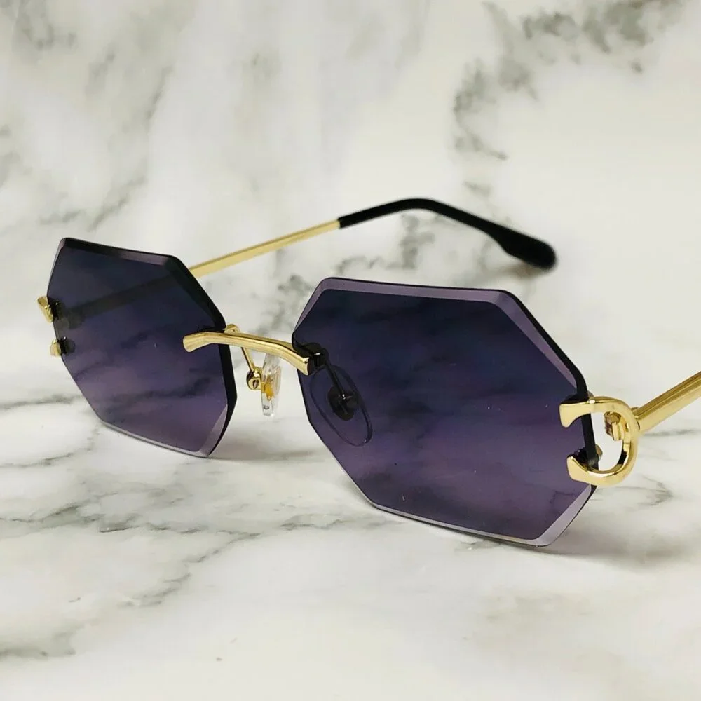 Men Sunglasses Gradient Black Lens Rimless Luxury Retro Shades Gold Metal Lentes